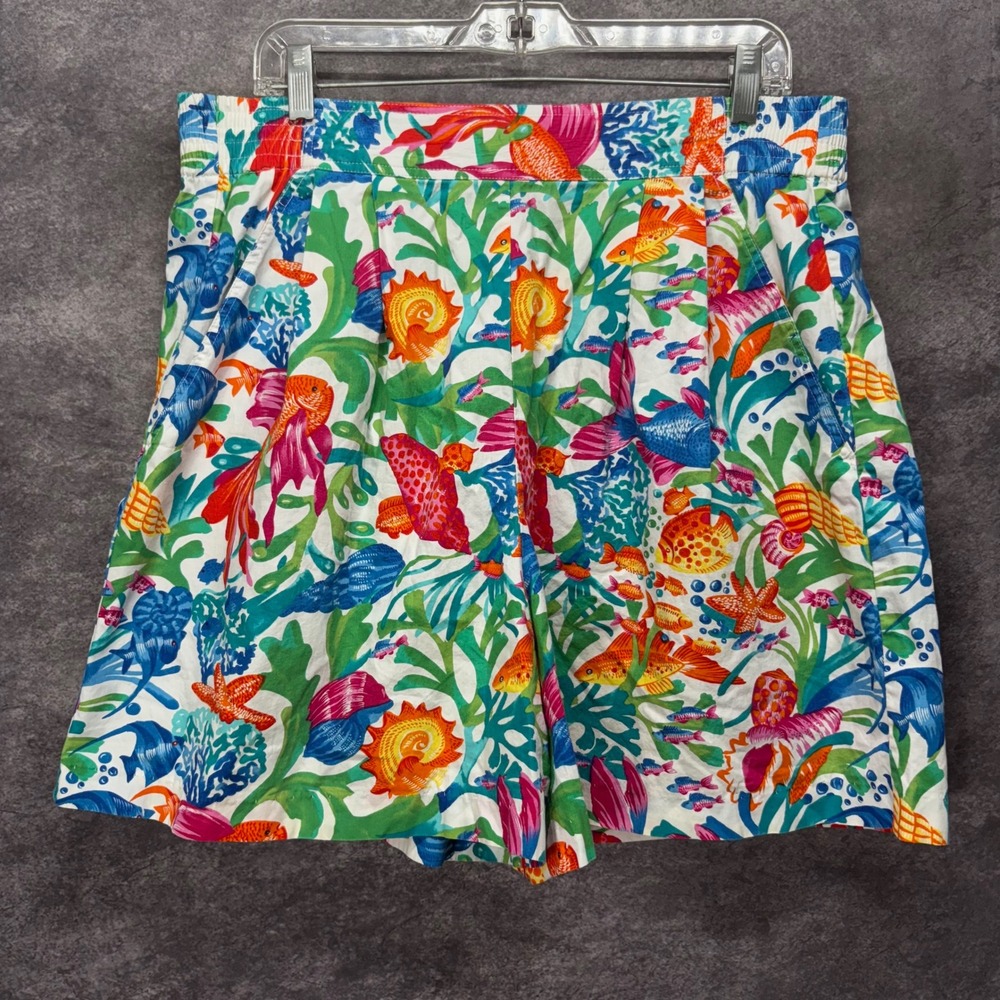 Aston Vintage 90s Tropical Fish Coral Print Cotton Shorts Womens Size 16 Funky